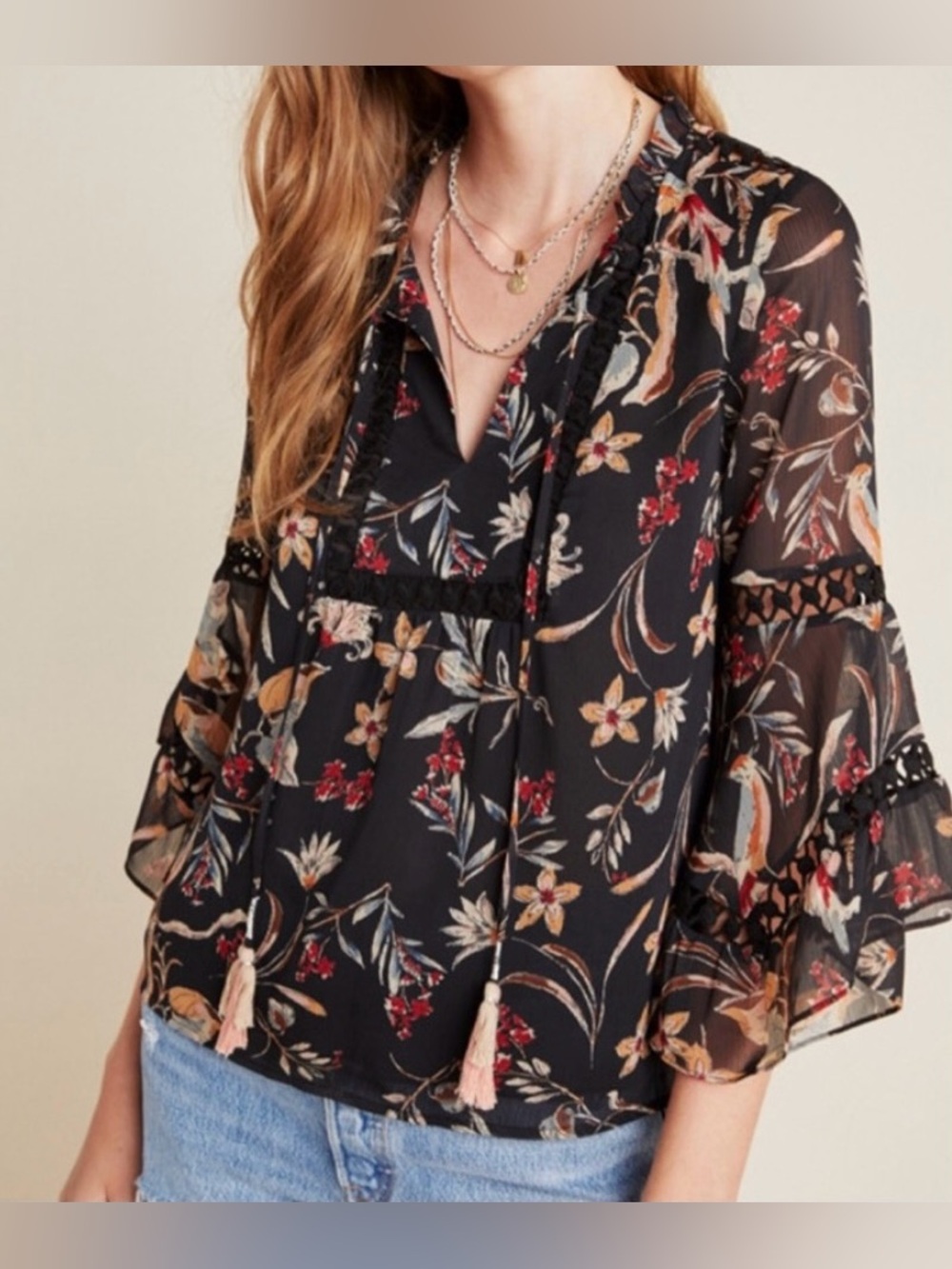 Anthropologie Maeve Odette Black Floral Peasant Blouse Top Tassels Sz M Whimsy